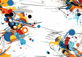 Abstract vector illustration of an art composition with different colored splashes, dots and lines on a white background in aesthetic concept art style. AI generated