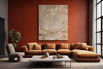 Living Room with Large Marble Vertical Painting and Orange Color Tone  Wall