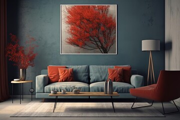 Living Room with Blue Couch, Red Pillows, and Fine Art Painting of Maple Tree 