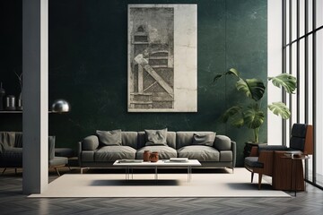 Modern Living Room with Furniture and Painting - Concrete Art 3D Render