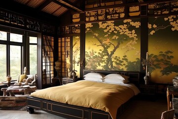 Large Bed in Japanese Bedroom with Black and Yellow Color Scheme