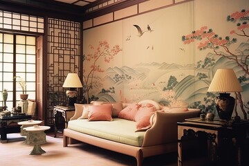 Living Room with Japanese Influenced Style, Couch, Pillows, and Landscape Painting