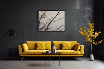 Yellow Couch in Living Room with Modern European Ink Painting
