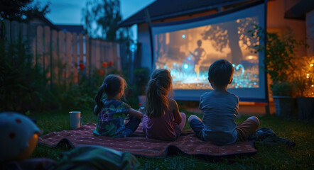 Children were watching a movie on an outdoor projector in the garden at home, sitting together with their parents and enjoying fun moments of family time