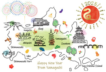 山口県の観光地のイラストマップ年賀状2025年