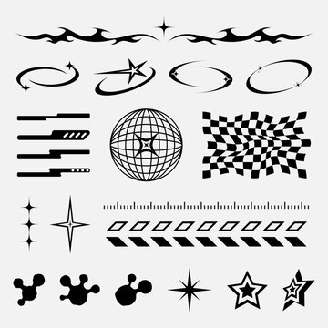 Set of abstract retro futuristic y2k geometric black shapes