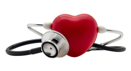 Red heart shape exercise ball with doctor physician's stethoscope isolated with clipping path on...