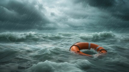 Obraz premium Lifebuoy in stormy sea under dark sky.