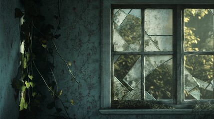 Broken window on vine-covered abandoned house.