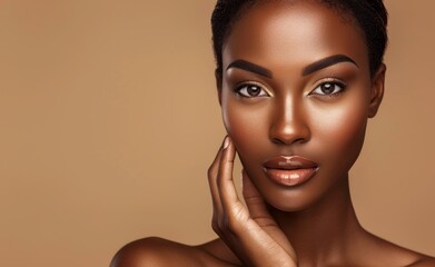 A closeup of an African American woman with flawless makeup, touching her face gently against the backdrop of beige color