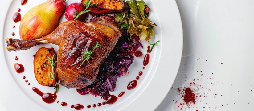 Gourmet dining experience featuring duck confit served with braised cabbage, baked apple, and cranberry sauce, presented on a white background from a top-view perspective.