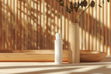 Obraz premium White cosmetic bottle in a modern wooden bathroom with natural light.