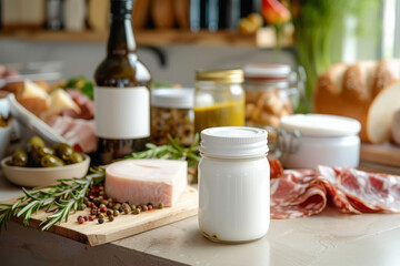 White jar on a kitchen counter with a selection of gourmet foods