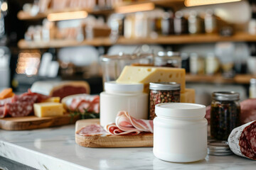 White jar on a kitchen counter with a selection of gourmet foods in the background.