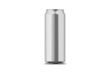Blank tall soda or beer can mockup isolated on white background. Aluminum thin can in silver, 3d rendering.
