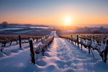 Fototapeta premium winter in the vineyard with snow blankets dormant vines and ambient light