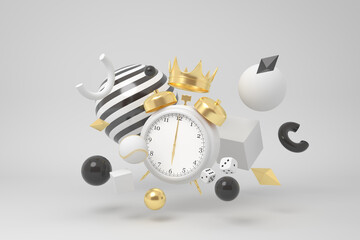Alarm clock and crown with abstract objects