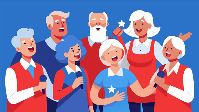 A group of senior citizens dressed in red white and blue attire proudly sing along to songs from their youth passing on the tradition to the younger. Vector illustration