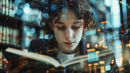 Young man reading a book, double exposure with stock market graphs. Concept of financial education and learning