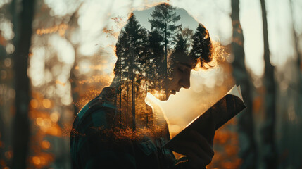 Young man reading a book, double exposure with forest. Imagination and fantasy concept