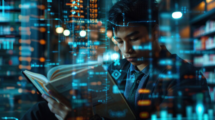 Young man reading a book, double exposure with stock market graphs. Concept of financial education and learning