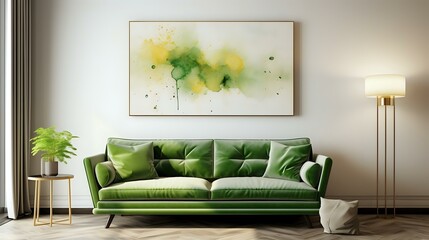 Beige Living Room: Contemporary Interior with Green Sofa and Wall Art