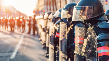 Naklejka premium Anti-riot police squad on the street