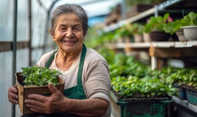 A smiling old female farmer on the background of a greenhouse and plants. The concept of farming gardening. Sustainable small business in agriculture. eco friendly organic farm.