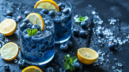 Board with glasses of fresh blueberry lemonade