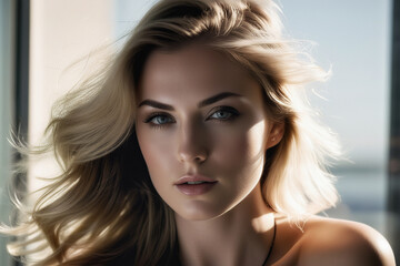 Fototapeta premium Closeup portrait of a young beauty woman. Scandinavian blonde woman with blue eyes. Hair salon commercial advertisement. Skin care, natural beauty