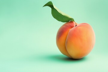 A single, ripe peach with a velvety texture and a perfect leaf attached, its soft orange and red hues vivid against a pale mint green plain background.