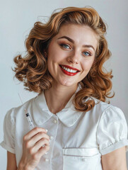 A smiling pin-up 50s style dressed as a nurse holds a syringe in her hand