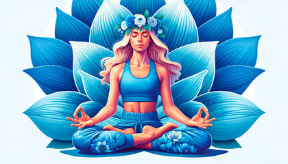 Vibrant digital illustration of a woman meditating among large blue lotus petals, perfect for content related to mindfulness, yoga, and holistic health - obrazy, fototapety, plakaty