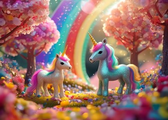 Generated image of a fantasy glittery wonderland of cute cuddly toys and unicorns with rainbows.