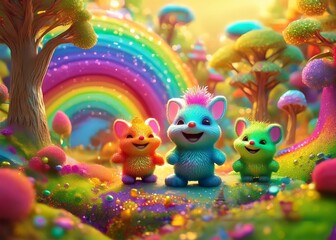 Generated image of a fantasy glittery wonderland of cute cuddly toys and unicorns with rainbows.