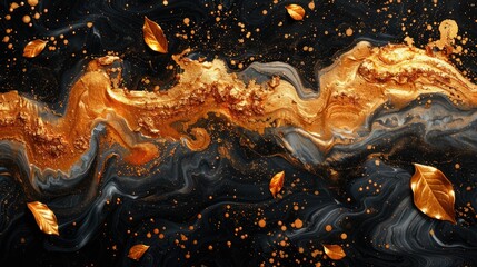 Golden leaves and black watercolor marbled abstract background