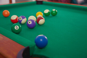 Balls on the billiard table for playing “eight”, playing billiards in “eight”, multicolored...