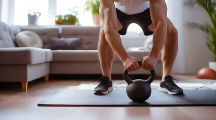 Caucasian man doing exercise with kettlebell in the living room