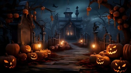 Halloween Horror: Skeletons and Lanterns Adorn Graveyard at Night