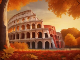 colosseum city with orange leaves and orange sky