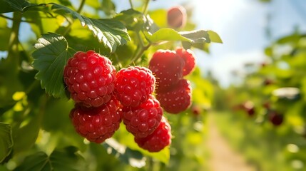 Nature's Bounty: Raspberry Bush with Ripe Red Berries in Sunny Orchard