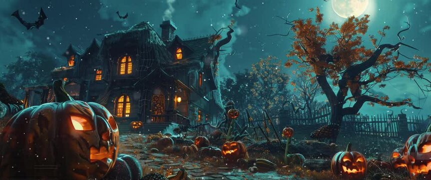 Pumpkin decorations for Halloween. Silhouette dead tree at night for Halloween background. Anamorphic video.