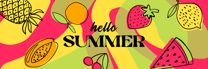 Hello Summer сolorful banner design. Horizontal poster, greeting card, website header, label or flyer. Modern abstract art design with fruits and berries, geometric shapes and wavy bold lines