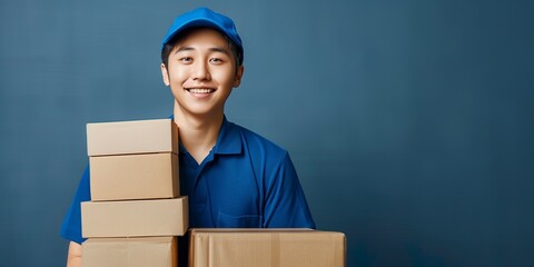 Friendly smiling young male courier in blue uniform carry boxes with orders