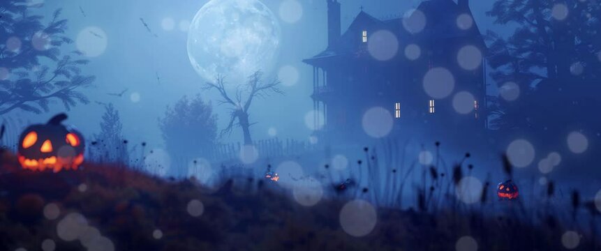 Pumpkin decorations for Halloween. Silhouette dead tree at night for Halloween background. Anamorphic video.