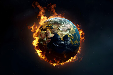 Planet Earth in fire. Global warming and mass extinction concept.