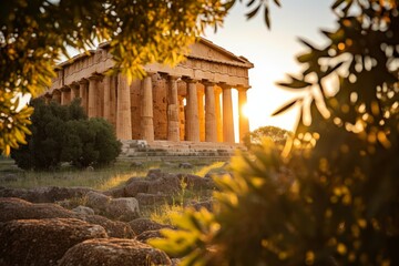 Naklejka premium A Majestic Display of Ancient Greek Columns Bathed in the Golden Glow of a Setting Sun, Nestled Amidst Lush Olive Groves