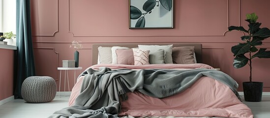 In a modern bedroom interior, there is a grey blanket placed on a pink bed against the wall with a poster.
