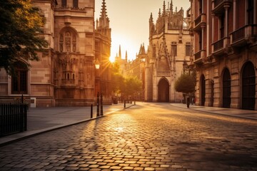 A Majestic View of a Historic European Cathedral Basking in the Warm Glow of a Setting Sun, Surrounded by Ancient Cobblestone Streets