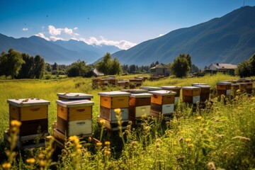 Naklejka premium A Rustic Mountain Honey Farm Nestled in the Lush Greenery, with Beehives Scattered Across the Landscape under a Clear Blue Sky
